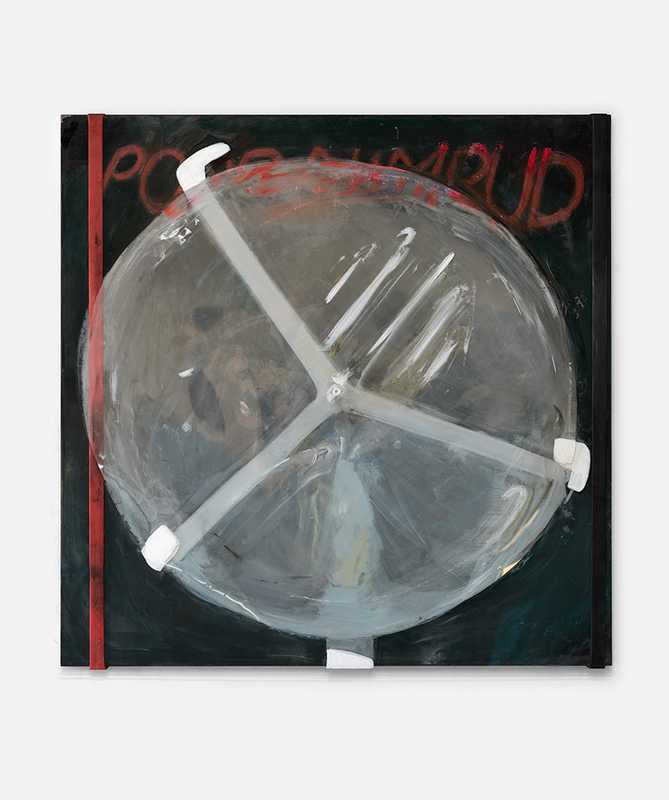 *Poor Nimrud II*, 2025; wood, chalk, paint, nonreflective acrylic frame, plastic, metal, rubber brand; 30 x 30 x 4".  Thanks to paradise Framing.Photography by Brica Wilcox. 